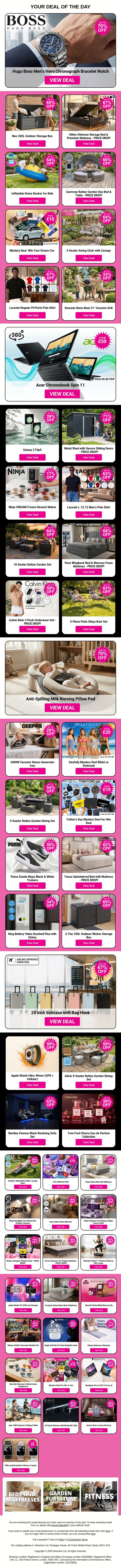 Grab Amazing Deals Like Hugo Boss Men's Hero Chronograph Bracelet Watch and Neo 320L Outdoor Storage Box and Hilton Ottoman Storage Bed & Premium Mattress - PRICE DROP! plus MORE !!! email from Wowcher screenshot