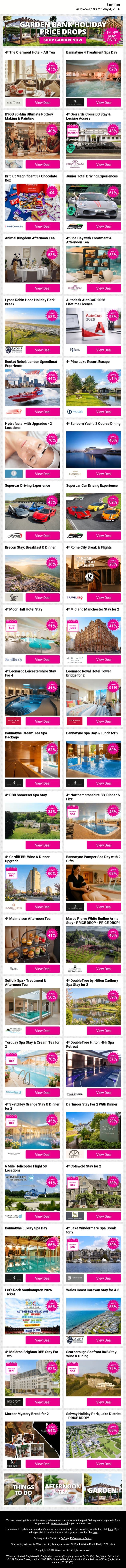 4* The Clermont Hotel - Aft Tea | Bannatyne 4 Treatment Spa Day | BYOB 90-Min Ultimate Pottery Making & Painting | 4* Gerrards Cross BB Stay & Lesiure Access | Brit Kit Magnificent 37 Chocolate Box email from Wowcher screenshot