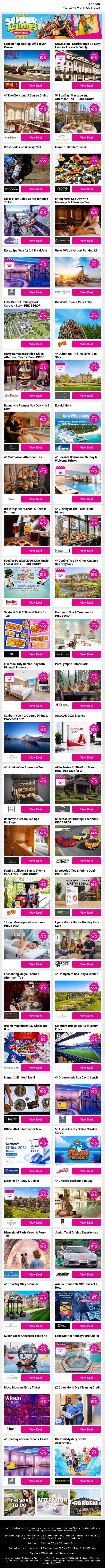 London Hop-On Hop-Off & River Cruise | Crown Hotel Scarborough BB Stay: Leisure Access & Bubbly | 4* The Clermont: 3 Course Dining | 5* Spa Day, Massage and Afternoon Tea - PRICE DROP! | West Cork Irish Whisky 70cl email from Wowcher screenshot