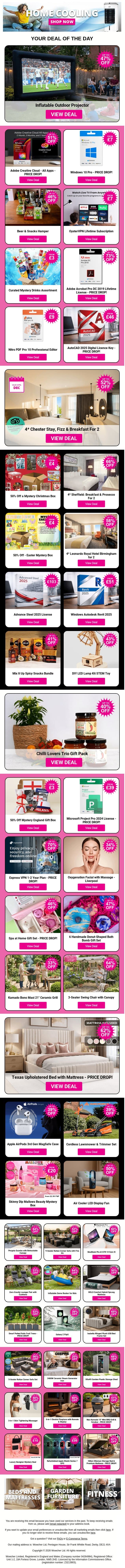 Inflatable Outdoor Projector | Adobe Creative Cloud - All Apps | Windows 10 Pro - PRICE DROP! | Beer & Snacks Hamper | OysterVPN Lifetime Subscription email from Wowcher screenshot