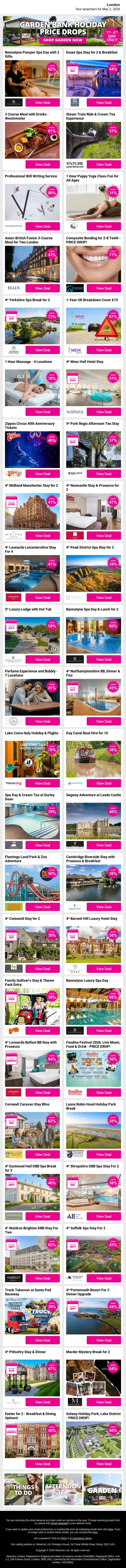 Bannatyne Pamper Spa Day with 2 Gifts | Essex Spa Stay for 2 & Breakfast | 3 Course Meal with Drinks - Westminster | Steam Train Ride & Cream Tea Experience | Professional Will Writing Service email from Wowcher screenshot
