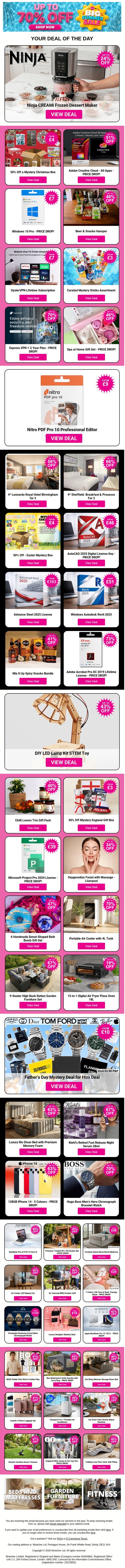 Ninja CREAMi Frozen Dessert Maker | 50% Off a Mystery Christmas Box | Adobe Creative Cloud - All Apps | Windows 10 Pro - PRICE DROP! | Beer & Snacks Hamper email from Wowcher screenshot