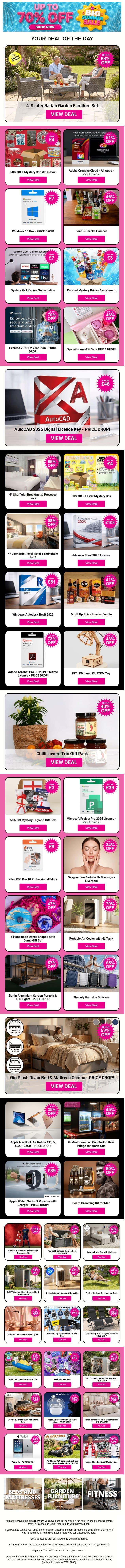 4-Seater Rattan Garden Furniture Set | 50% Off a Mystery Christmas Box | Adobe Creative Cloud - All Apps | Windows 10 Pro - PRICE DROP! | Beer & Snacks Hamper email from Wowcher screenshot