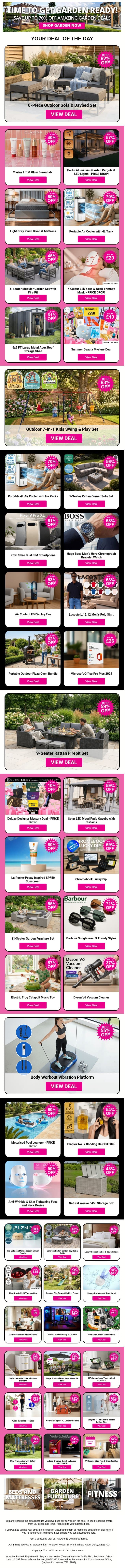 6-Piece Outdoor Sofa & Daybed Set | Clarins Lift & Glow Essentials | Berlin Aluminium Garden Pergola & LED Lights - PRICE DROP! | Light Grey Plush Divan & Mattress | Portable Air Cooler with 4L Tank email from Wowcher screenshot
