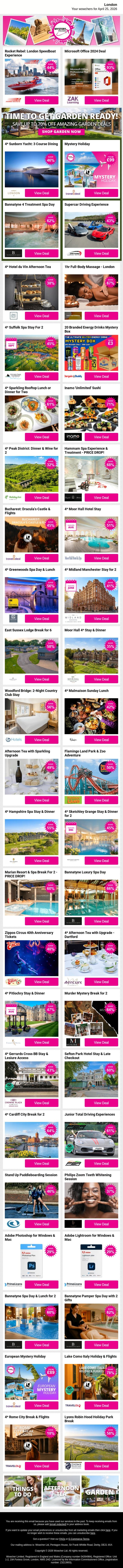Rocket Rebel: London Speedboat Experience | Microsoft Office 2024 Deal | 4* Sunborn Yacht: 3 Course Dining | Mystery Holiday | Bannatyne 4 Treatment Spa Day email from Wowcher screenshot