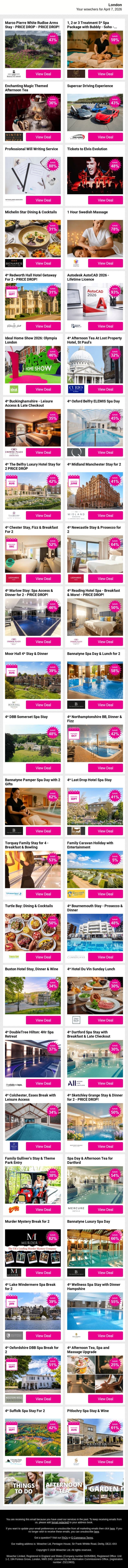 Marco Pierre White Rudloe Arms Stay - PRICE DROP - PRICE DROP! | 1, 2 or 3 Treatment 5* Spa Package with Bubbly - Soho - PRICE DROP! | Enchanting Magic Themed Afternoon Tea | Supercar Driving Experience | Professional Will Writing Service email from Wowcher screenshot
