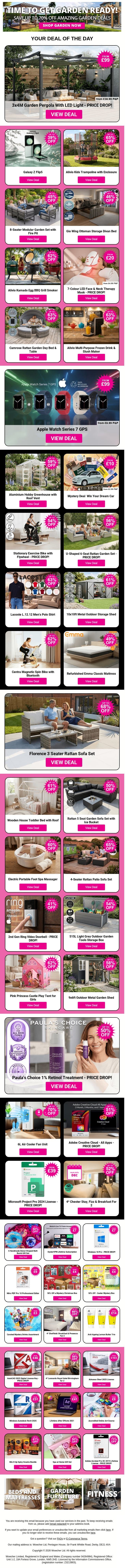 3x4M Garden Pergola With LED Light - PRICE DROP! | Galaxy Z Flip5 | Alivio Kids Trampoline with Enclosure | 8-Seater Modular Garden Set with Fire Pit | Gio Wing Ottoman Storage Divan Bed email from Wowcher screenshot