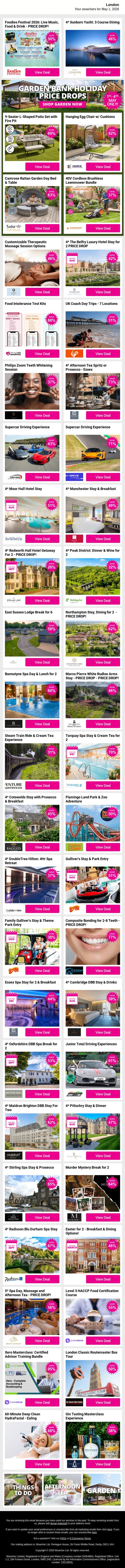 Foodies Festival 2026: Live Music, Food & Drink - PRICE DROP! | 4* Sunborn Yacht: 3 Course Dining | 9-Seater L-Shaped Patio Set with Fire Pit | Hanging Egg Chair w/ Cushions | Camrose Rattan Garden Day Bed & Table email from Wowcher screenshot
