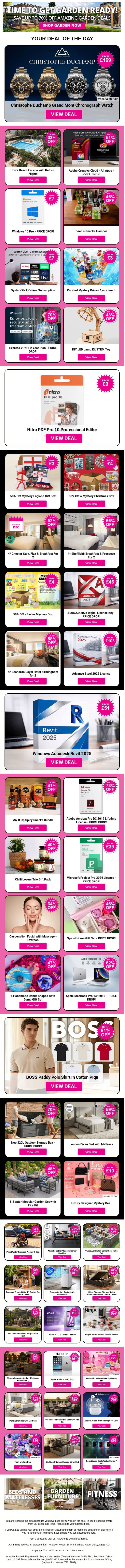 Christophe Duchamp Grand Mont Chronograph Watch | Ibiza Beach Escape with Return Flights | Adobe Creative Cloud - All Apps | Windows 10 Pro - PRICE DROP! | Beer & Snacks Hamper email from Wowcher screenshot