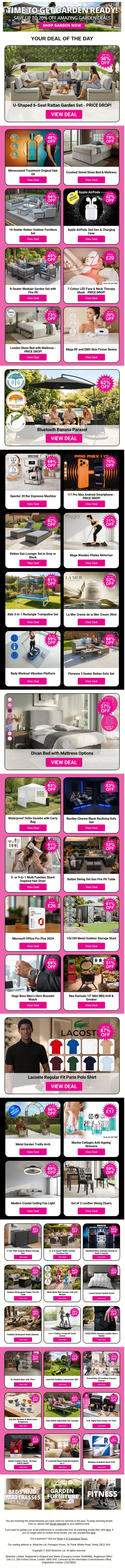 U-Shaped 6-Seat Rattan Garden Set - PRICE DROP! | Moroccanoil Treatment Original Hair Oil | Crushed Velvet Divan Bed & Mattress | 10-Seater Rattan Outdoor Furniture Set - PRICE DROP! | Apple AirPods 2nd Gen & Charging Case email from Wowcher screenshot