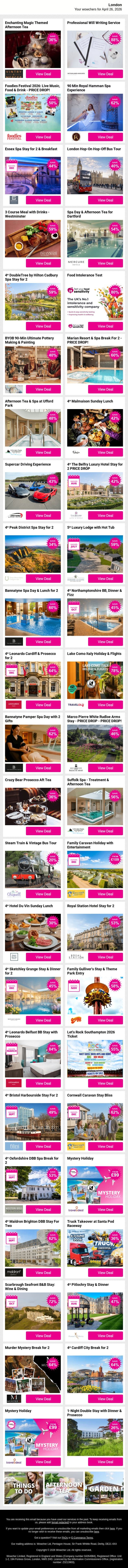 Enchanting Magic Themed Afternoon Tea | Professional Will Writing Service | Foodies Festival 2026: Live Music, Food & Drink - PRICE DROP! | 90 Min Royal Hamman Spa Experience | Essex Spa Stay for 2 & Breakfast email from Wowcher screenshot