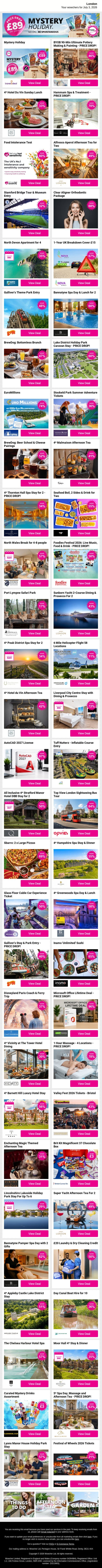 Mystery Holiday - PRICE DROP! | BYOB 90-Min Ultimate Pottery Making & Painting - PRICE DROP! | 4* Hotel Du Vin Sunday Lunch | Hammam Spa & Treatment | Food Intolerance Test email from Wowcher screenshot