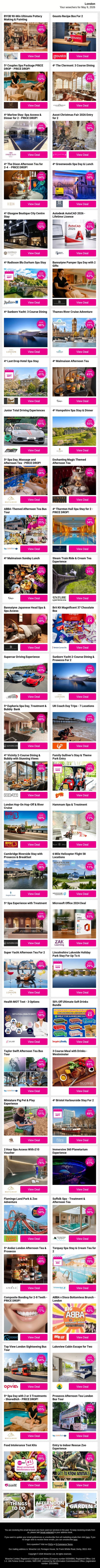BYOB 90-Min Ultimate Pottery Making & Painting | Gousto Recipe Box For 2 | 5* Couples Spa Package PRICE DROP - PRICE DROP! | 4* The Clermont: 3 Course Dining | 4* Marlow Stay: Spa Access & Dinner for 2 - PRICE DROP! email from Wowcher screenshot