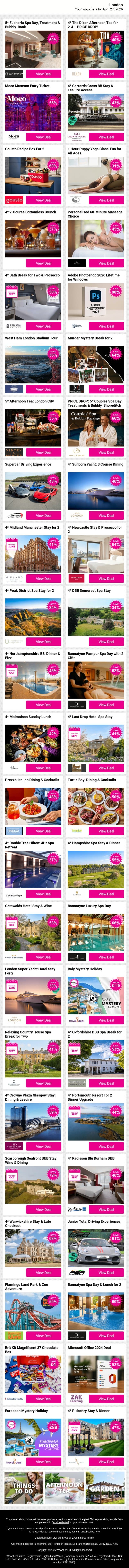 5* Euphoria Spa Day, Treatment & Bubbly Bank | 4* The Dixon Afternoon Tea for 2-4 - PRICE DROP! | Moco Museum Entry Ticket | 4* Gerrards Cross BB Stay & Lesiure Access | Gousto Recipe Box For 2 email from Wowcher screenshot