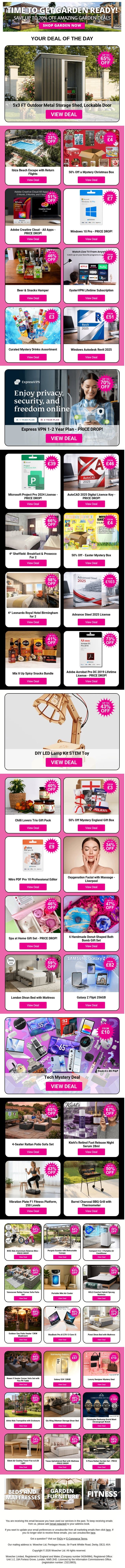 5x3 FT Outdoor Metal Storage Shed, Lockable Door | Ibiza Beach Escape with Return Flights | 50% Off a Mystery Christmas Box | Adobe Creative Cloud - All Apps | Windows 10 Pro - PRICE DROP! email from Wowcher screenshot