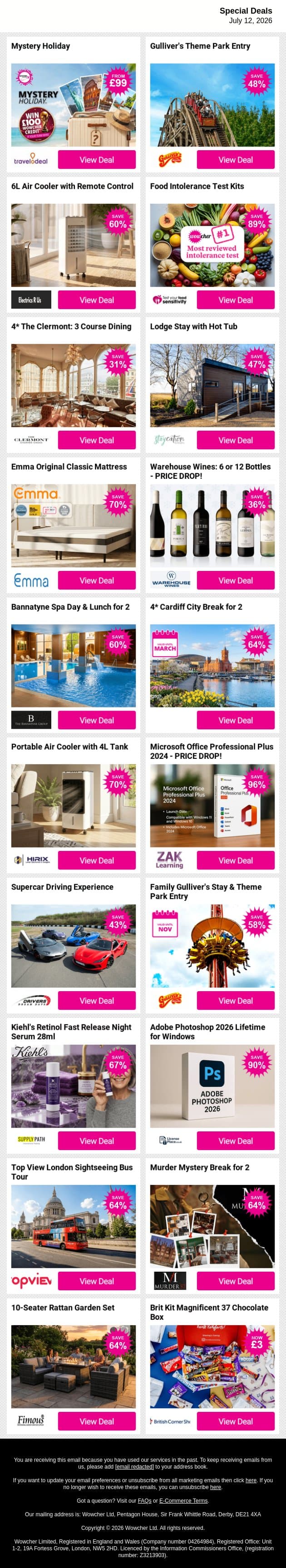 🚨 Deal o'clock! Today's top picks are HOT 🔥 email from Wowcher screenshot