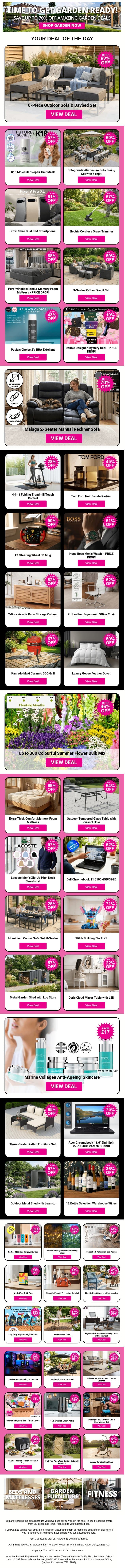 6-Piece Outdoor Sofa & Daybed Set | K18 Molecular Repair Hair Mask | Sotogrande Aluminium Sofa Dining Set with Firepit | Pixel 9 Pro Dual SIM Smartphone - PRICE DROP! | Electric Cordless Grass Trimmer email from Wowcher screenshot