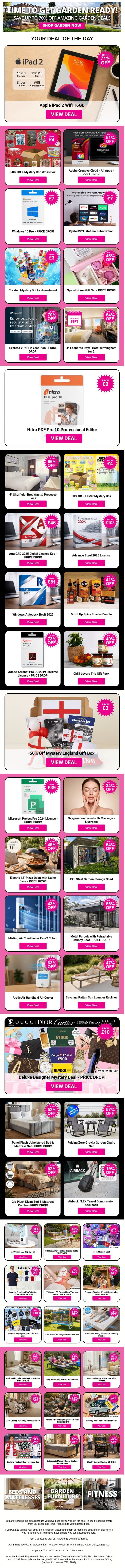 Apple iPad 2 Wifi 16GB | 50% Off a Mystery Christmas Box | Adobe Creative Cloud - All Apps | Windows 10 Pro - PRICE DROP! | OysterVPN Lifetime Subscription email from Wowcher screenshot