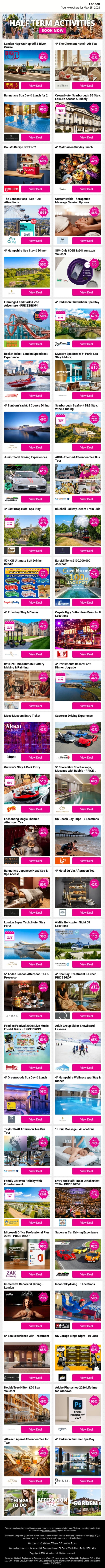 Ease Into The Week With London Spots Like London Hop-On Hop-Off & River Cruise and 4* The Clermont Hotel - Aft Tea and Bannatyne Spa Day & Lunch for 2 plus MORE email from Wowcher screenshot