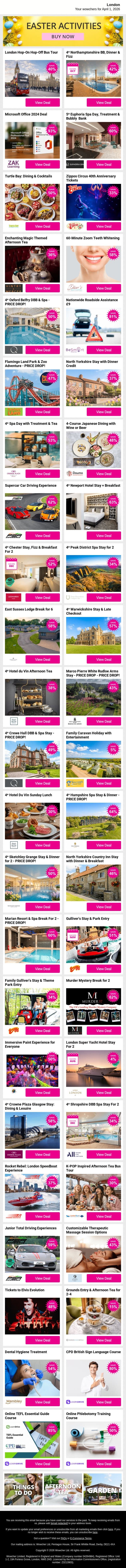 London Hop-On Hop-Off Bus Tour | 4* Northamptonshire BB, Dinner & Fizz | Microsoft Office 2024 Deal | 5* Euphoria Spa Day, Treatment & Bubbly Bank | Turtle Bay: Dining & Cocktails email from Wowcher screenshot