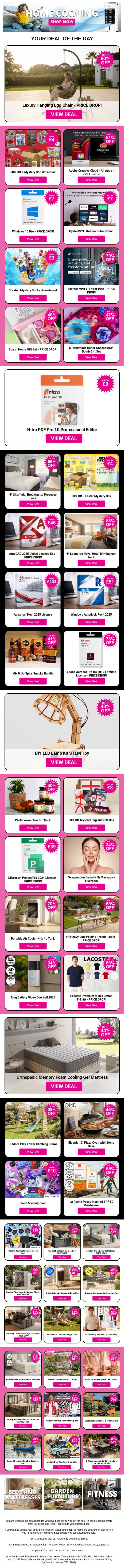 Luxury Hanging Egg Chair - PRICE DROP! | 50% Off a Mystery Christmas Box | Adobe Creative Cloud - All Apps | Windows 10 Pro - PRICE DROP! | OysterVPN Lifetime Subscription email from Wowcher screenshot