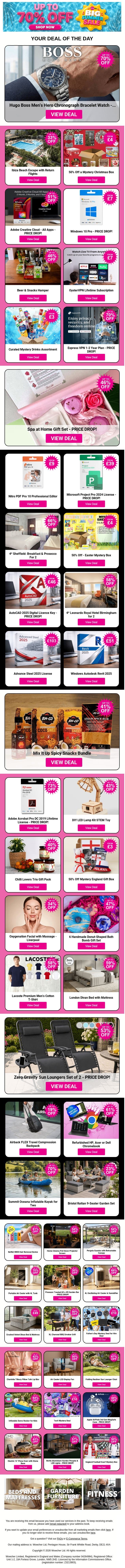 Hugo Boss Men's Hero Chronograph Bracelet Watch - PRICE DROP! | Ibiza Beach Escape with Return Flights | 50% Off a Mystery Christmas Box | Adobe Creative Cloud - All Apps | Windows 10 Pro - PRICE DROP! email from Wowcher screenshot