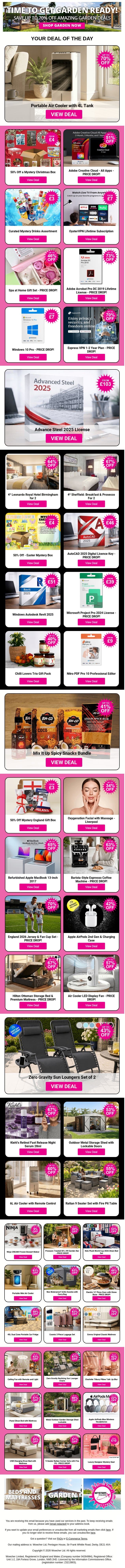Portable Air Cooler with 4L Tank | 50% Off a Mystery Christmas Box | Adobe Creative Cloud - All Apps | Curated Mystery Drinks Assortment | OysterVPN Lifetime Subscription email from Wowcher screenshot
