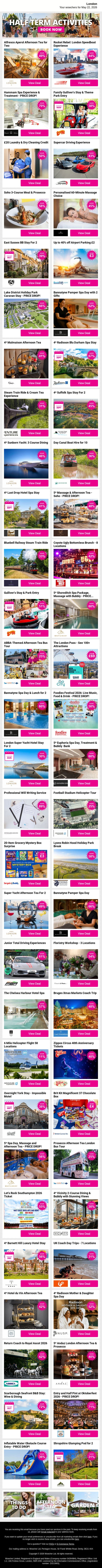 Treat Yourself With Great London Spots Like Alfresco Aperol Afternoon Tea for Two and Rocket Rebel: London Speedboat Experience and Hammam Spa Experience & Treatment - PRICE DROP! plus MORE email from Wowcher screenshot