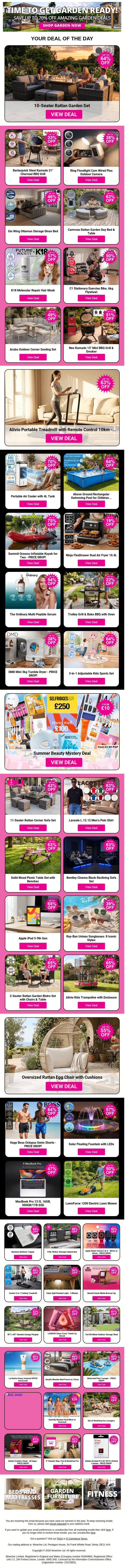 10-Seater Rattan Garden Set | Barbequick Steel Kamado 21'' Charcoal BBQ Grill | Ring Floodlight Cam Wired Plus Outdoor Camera | Gio Wing Ottoman Storage Divan Bed | Camrose Rattan Garden Day Bed & Table email from Wowcher screenshot