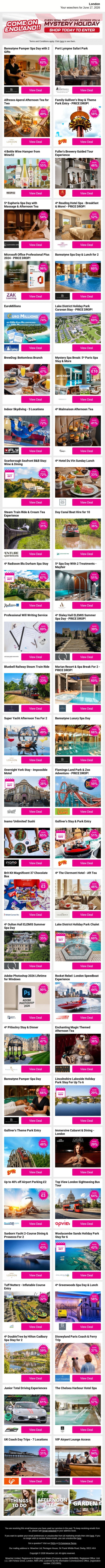 Hard To Ignore London Deals Like Bannatyne Pamper Spa Day with 2 Gifts and Port Lympne Safari Park and Alfresco Aperol Afternoon Tea for Two plus MORE email from Wowcher screenshot