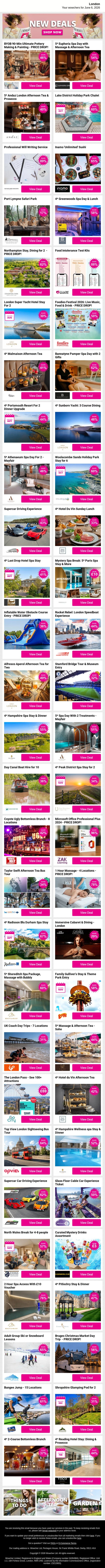 Enjoy Weekend Worthy London Finds Like BYOB 90-Min Ultimate Pottery Making & Painting - PRICE DROP! and 5* Euphoria Spa Day with Massage & Afternoon Tea and 5* Andaz London Afternoon Tea & Prosecco plus MORE email from Wowcher screenshot