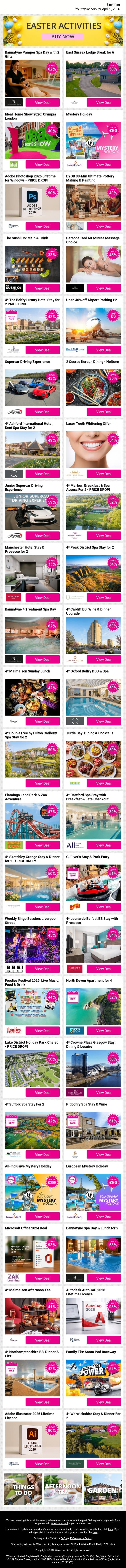 Bannatyne Pamper Spa Day with 2 Gifts | East Sussex Lodge Break for 6 | Ideal Home Show 2026: Olympia London | Mystery Holiday | Adobe Photoshop 2026 Lifetime for Windows email from Wowcher screenshot