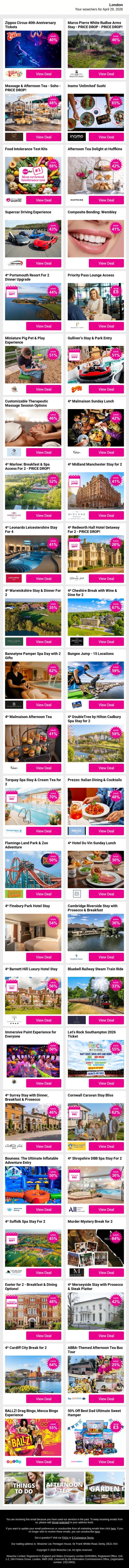 Zippos Circus 40th Anniversary Tickets | Marco Pierre White Rudloe Arms Stay - PRICE DROP - PRICE DROP! | Massage & Afternoon Tea - Soho - PRICE DROP! | Inamo 'Unlimited' Sushi | Food Intolerance Test Kits email from Wowcher screenshot