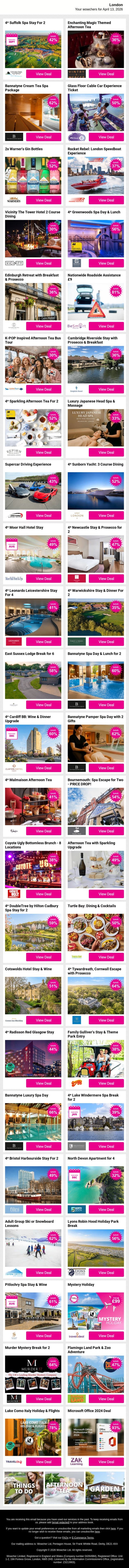 4* Suffolk Spa Stay For 2 | Enchanting Magic Themed Afternoon Tea | Bannatyne Cream Tea Spa Package | Glass Floor Cable Car Experience Ticket | 2x Warner's Gin Bottles email from Wowcher screenshot