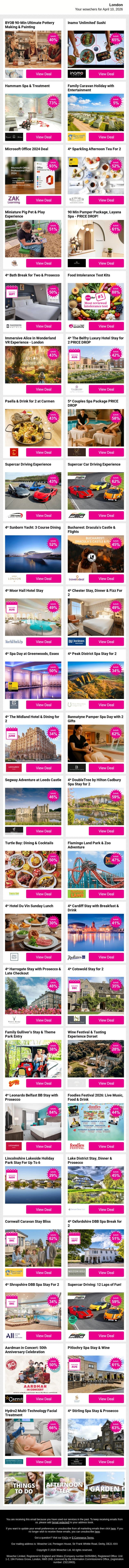 BYOB 90-Min Ultimate Pottery Making & Painting | Inamo 'Unlimited' Sushi | Hammam Spa & Treatment | Family Caravan Holiday with Entertainment | Microsoft Office 2024 Deal email from Wowcher screenshot