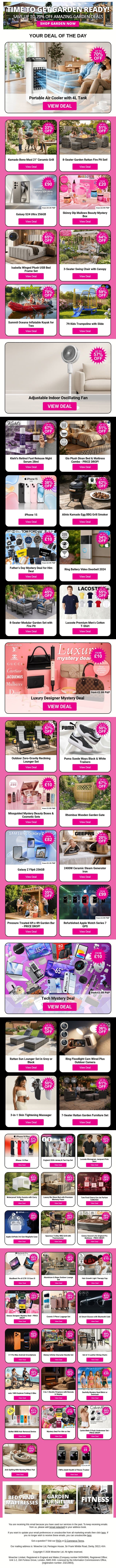 Grab Amazing Deals Like Portable Air Cooler with 4L Tank and Kamado Bono Maxi 21" Ceramic Grill and Galaxy S24 Ultra 256GB plus MORE !!! email from Wowcher screenshot