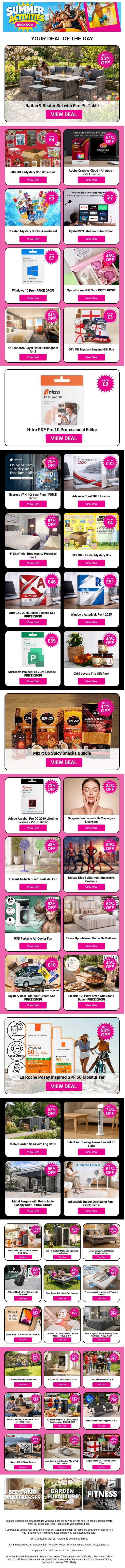 Rattan 9 Seater Set with Fire Pit Table | 50% Off a Mystery Christmas Box | Adobe Creative Cloud - All Apps | Curated Mystery Drinks Assortment | OysterVPN Lifetime Subscription email from Wowcher screenshot
