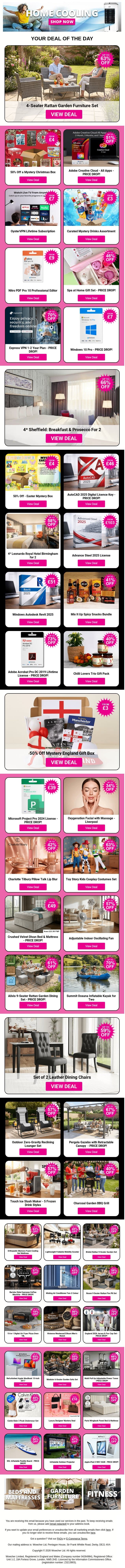 4-Seater Rattan Garden Furniture Set | 50% Off a Mystery Christmas Box | Adobe Creative Cloud - All Apps | OysterVPN Lifetime Subscription | Curated Mystery Drinks Assortment email from Wowcher screenshot