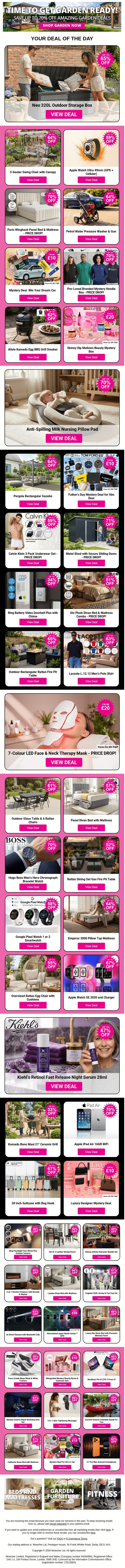 Grab Amazing Deals Like 3-Seater Swing Chair with Canopy and Apple Watch Ultra 49mm (GPS + Cellular) and Paris Wingback Panel Bed & Mattress plus MORE !!! email from Wowcher screenshot