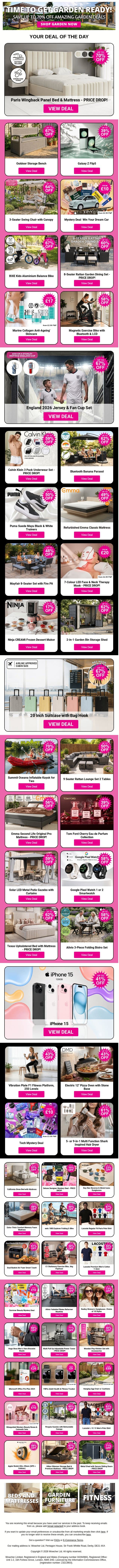 Grab Amazing Deals Like Paris Wingback Panel Bed & Mattress and Outdoor Storage Bench - PRICE DROP! and Galaxy Z Flip5 plus MORE !!! email from Wowcher screenshot