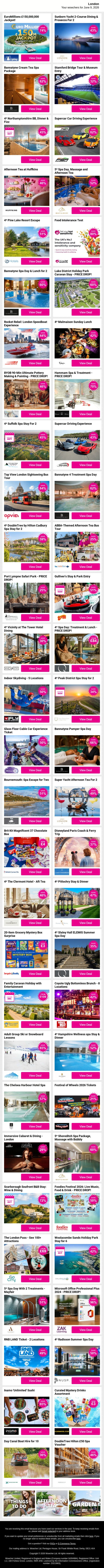 Properly Good London Deals Like EuroMillions £150,000,000 Jackpot! and Sunborn Yacht 2-Course Dining & Prosecco For 2 and Bannatyne Cream Tea Spa Package plus MORE email from Wowcher screenshot