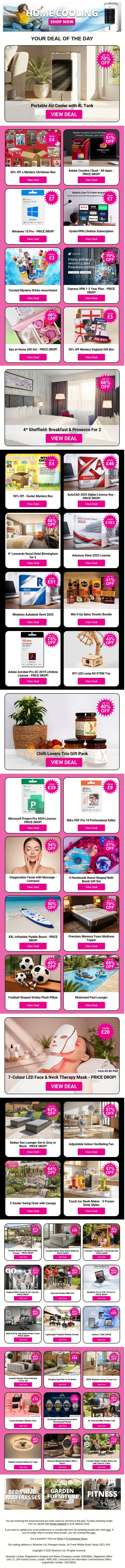 Portable Air Cooler with 4L Tank | 50% Off a Mystery Christmas Box | Adobe Creative Cloud - All Apps | Windows 10 Pro - PRICE DROP! | OysterVPN Lifetime Subscription email from Wowcher screenshot