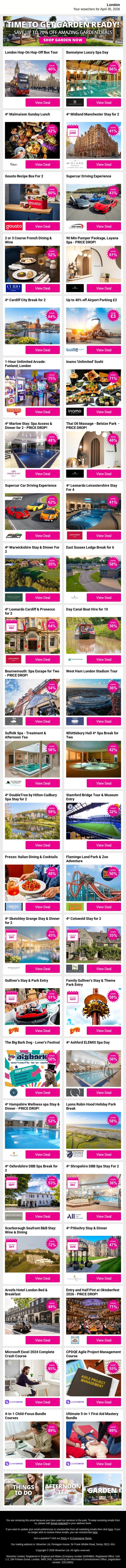 London Hop-On Hop-Off Bus Tour | Bannatyne Luxury Spa Day | 4* Malmaison Sunday Lunch | 4* Midland Manchester Stay for 2 | Gousto Recipe Box For 2 email from Wowcher screenshot
