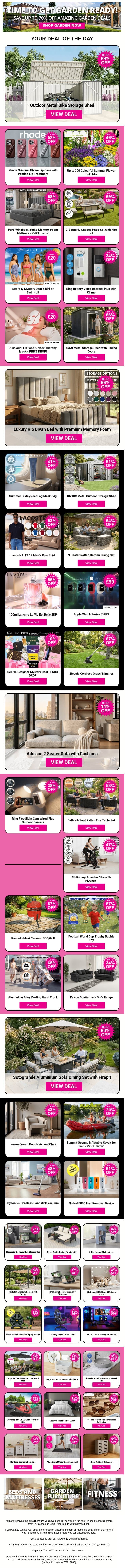 Outdoor Metal Bike Storage Shed | Rhode Silicone iPhone Lip Case with Peptide Lip Treatment | Up to 300 Colourful Summer Flower Bulb Mix | Pure Wingback Bed & Memory Foam Mattress | 9-Seater L-Shaped Patio Set with Fire Pit email from Wowcher screenshot