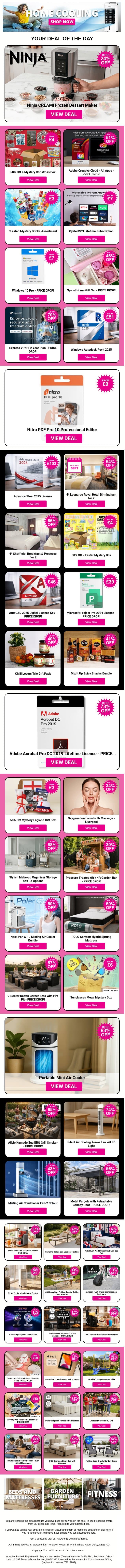 Ninja CREAMi Frozen Dessert Maker | 50% Off a Mystery Christmas Box | Adobe Creative Cloud - All Apps | Curated Mystery Drinks Assortment | OysterVPN Lifetime Subscription email from Wowcher screenshot