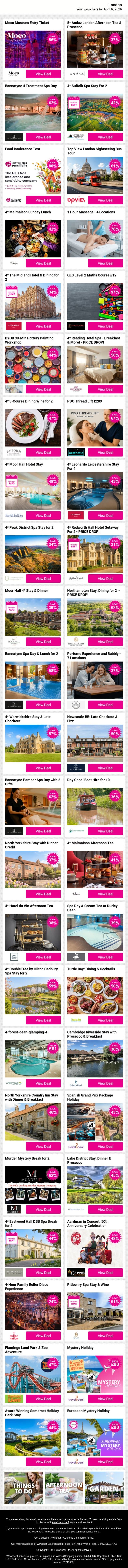 Moco Museum Entry Ticket | 5* Andaz London Afternoon Tea & Prosecco | Bannatyne 4 Treatment Spa Day | 4* Suffolk Spa Stay For 2 | Food Intolerance Test email from Wowcher screenshot