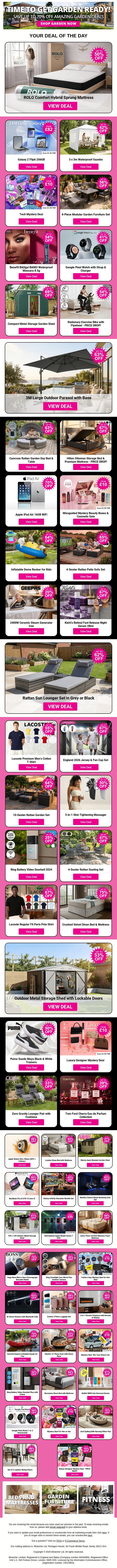 Grab Amazing Deals Like ROLO Comfort Hybrid Sprung Mattress and Galaxy Z Flip6 256GB and 3 x 3m Waterproof Gazebo plus MORE !!! email from Wowcher screenshot