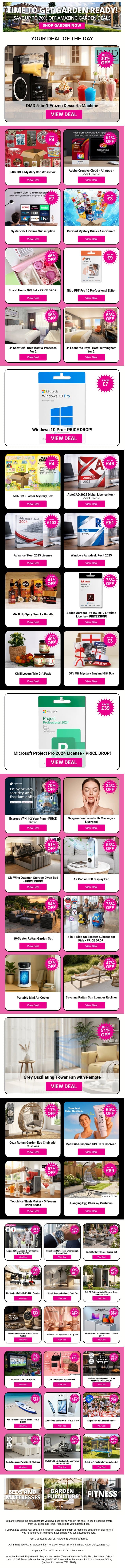 DMD 5-in-1 Frozen Desserts Machine | 50% Off a Mystery Christmas Box | Adobe Creative Cloud - All Apps | OysterVPN Lifetime Subscription | Curated Mystery Drinks Assortment email from Wowcher screenshot