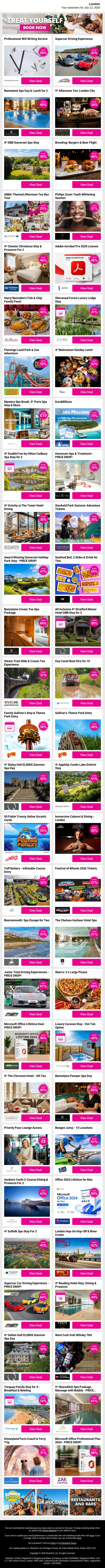 Professional Will Writing Service | Supercar Driving Experience | Bannatyne Spa Day & Lunch for 2 | 5* Afternoon Tea: London City | 4* DBB Somerset Spa Stay email from Wowcher screenshot
