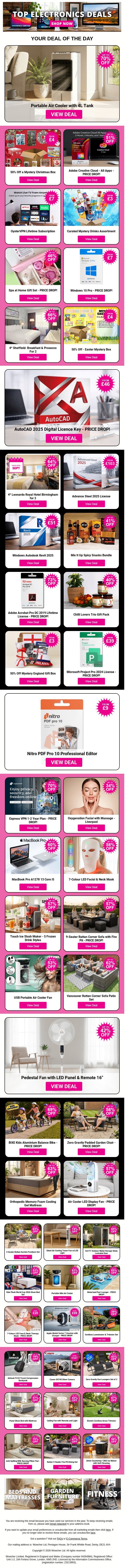 Portable Air Cooler with 4L Tank | 50% Off a Mystery Christmas Box | Adobe Creative Cloud - All Apps | OysterVPN Lifetime Subscription | Curated Mystery Drinks Assortment email from Wowcher screenshot
